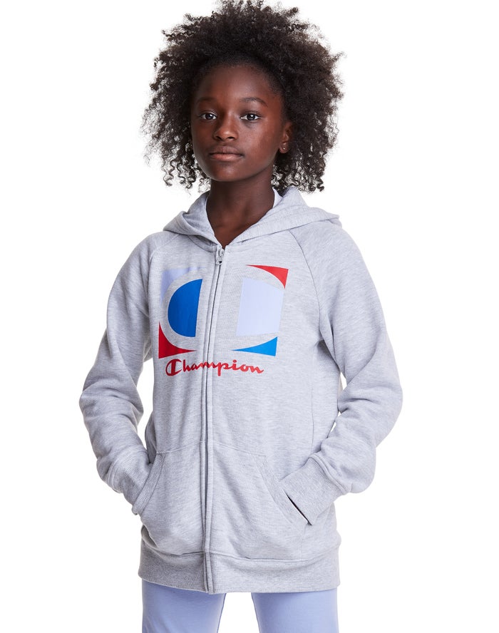 Champion Girls Hoodie NZ - Full Zip Colorblock C Logo Grey ( 0874-PTDAY )